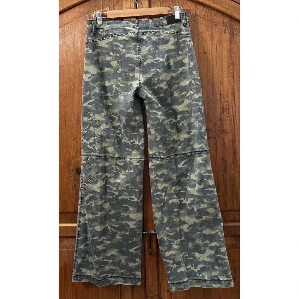 Women's‎ Y2K Playboy Camo Pants Baggy Rhinestone Bling Utility Wide Leg 9 Flare